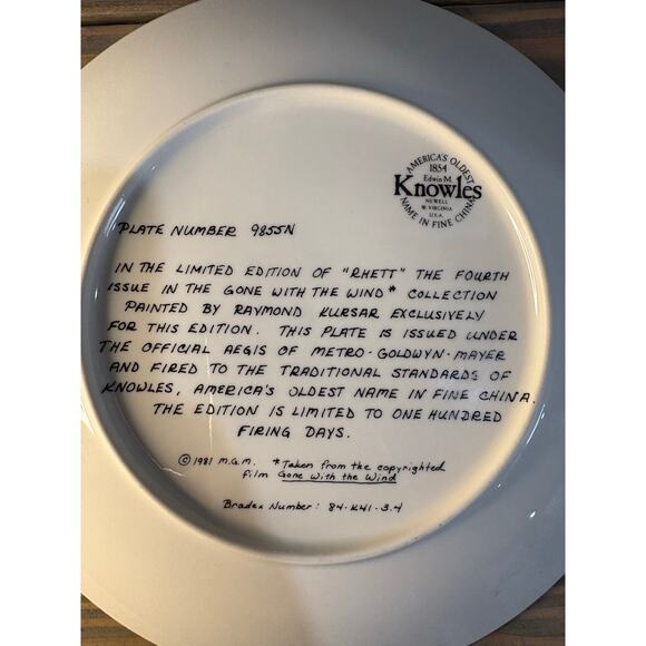 Edwin M Knowles 1981 Gone with the Wind Rhett Butler plate 9855N in box - Picture 3 of 4